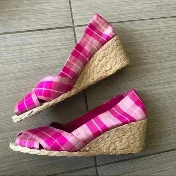 Ralph Lauren Cecilia Pink Plaid Open Toe Wedge - Picture 3 of 8